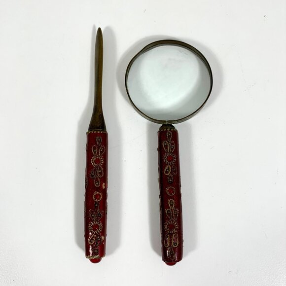 Vintage Red Enamel Letter Opener & Magnifying Glass Set - Floral Design Handles - Picture 1 of 8